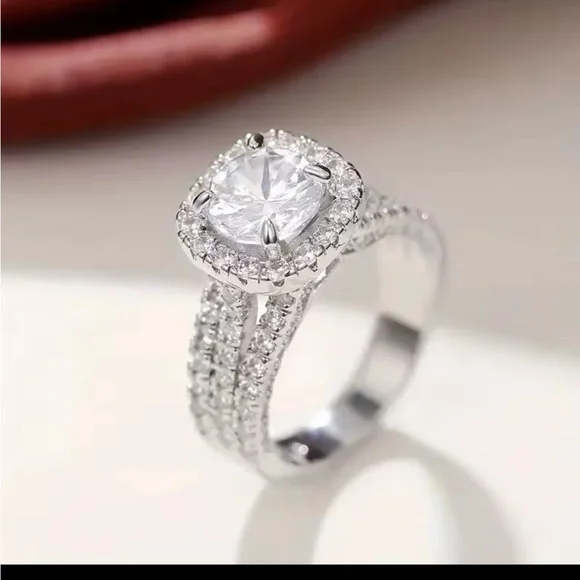 NEW! Silver Diamond Halo Ring 3 Rows Micro Pave NWT - Picture 6 of 7